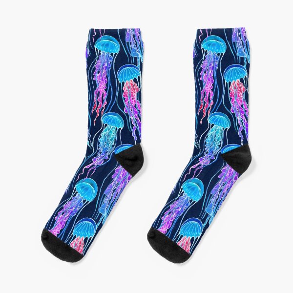 Luminescent Rainbow Jellyfish on Navy Blue Socks