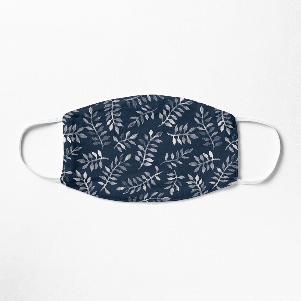 White Leaves on Navy - a hand painted pattern Mask