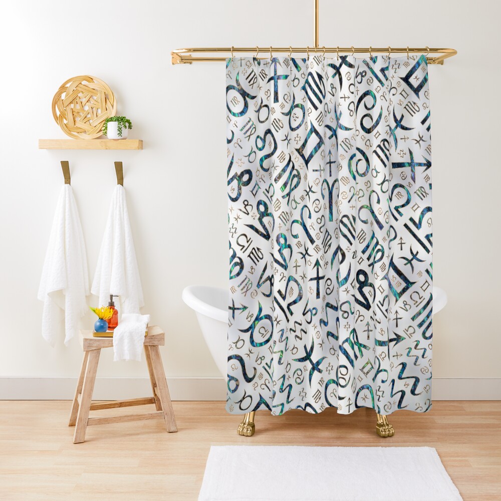 "Zodiac glyphs Abalone shell and gold on pearl" Shower Curtain by