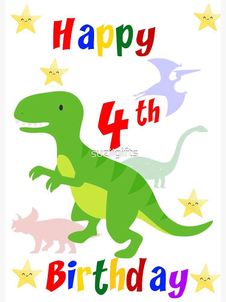 "Dinosaur Happy 4th Birthday Greeting Card" Sticker by suziigifts