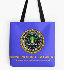 Winners Don't Eat Meat - Scott Pilgrim inspired Vegan Police Logo (blue screen version) Tote Bag