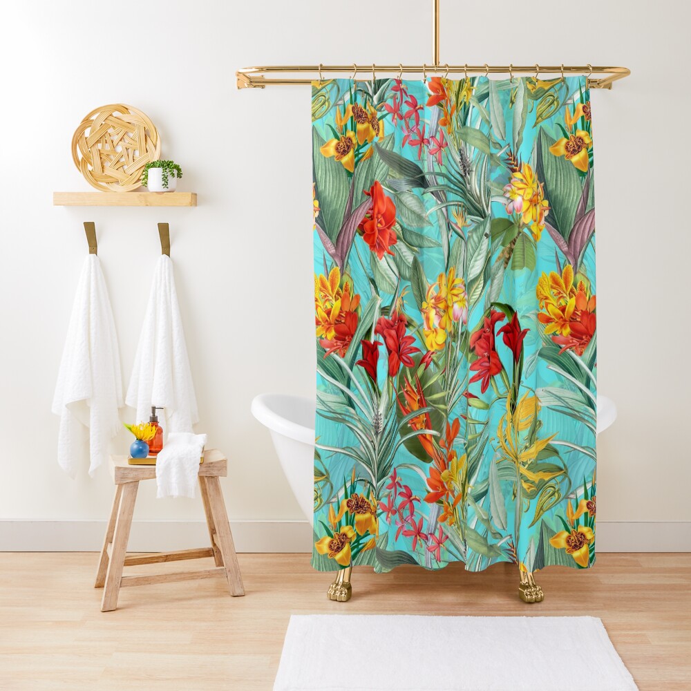 "Vintage Tropical Jungle Garden Teal" Shower Curtain for Sale by UtArt