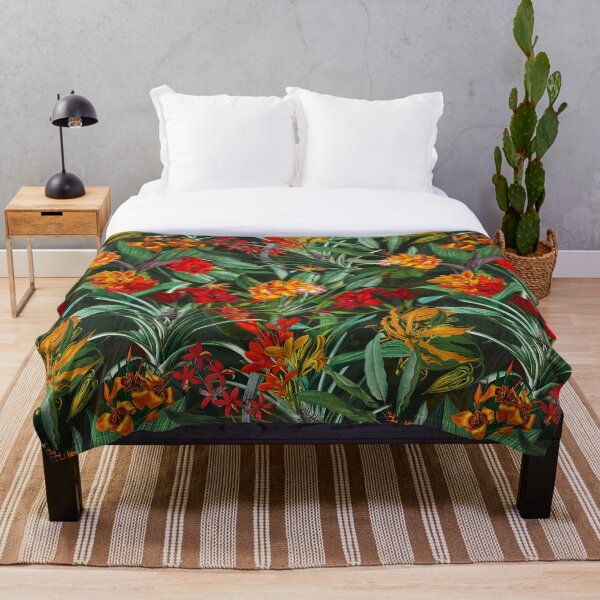 Vintage Tropical Jungle Garden Black Throw Blanket