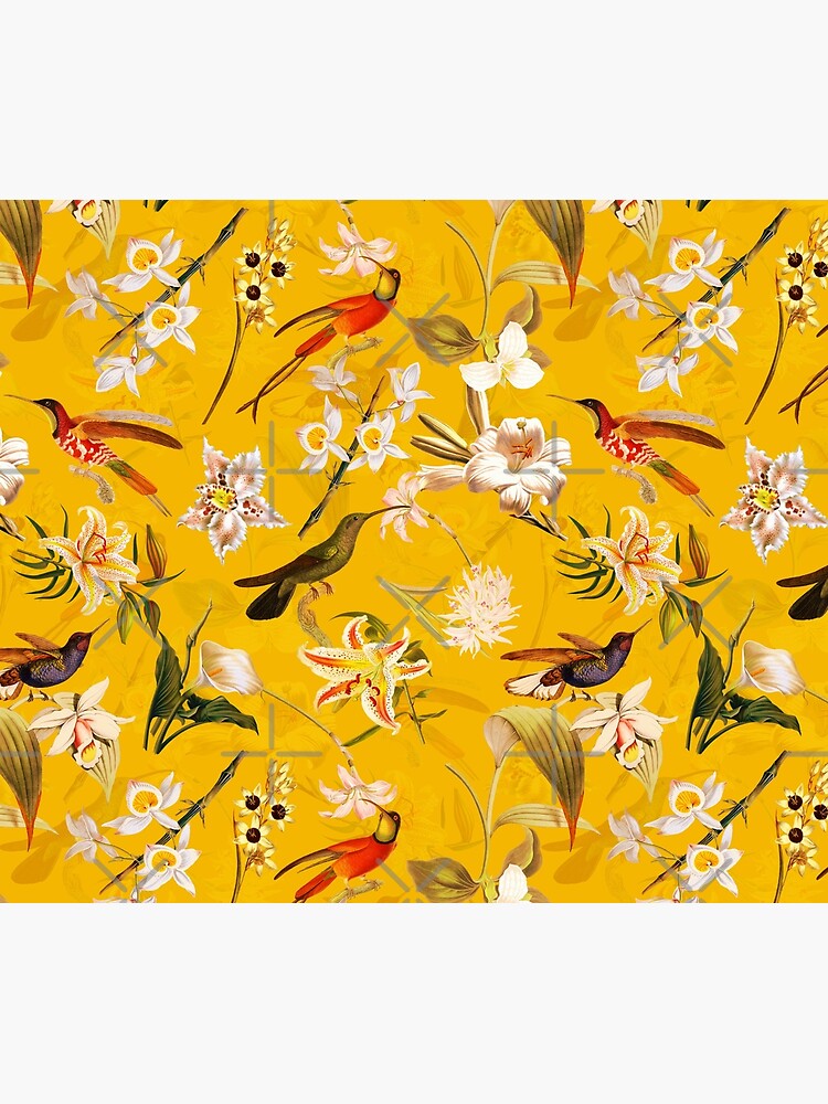 Pierre Joseph Redoute vintage flowers and hummingbirds nostalgic seamless yellow pattern by UtArt