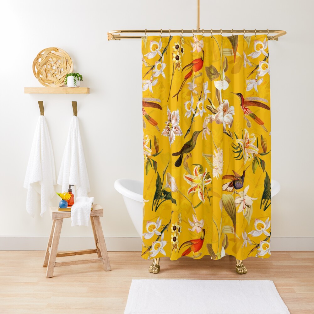 Pierre Joseph Redoute vintage flowers and hummingbirds nostalgic seamless yellow pattern Shower Curtain