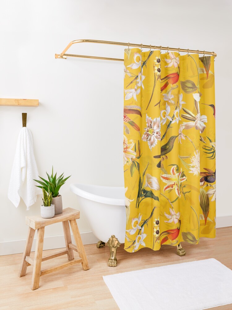 Alternate view of Pierre Joseph Redoute vintage flowers and hummingbirds nostalgic seamless yellow pattern Shower Curtain