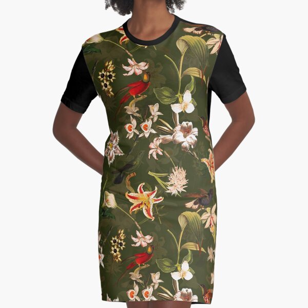 Pierre Joseph Redoute vintage flowers and hummingbirds nostalgic seamless safari green pattern Graphic T-Shirt Dress