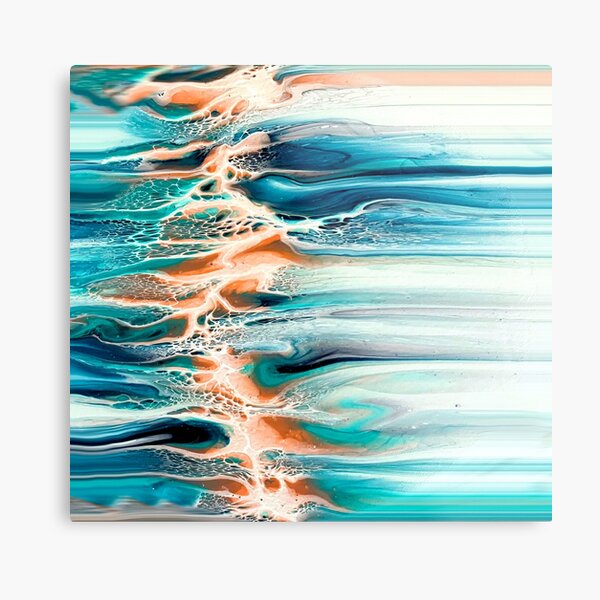 Coral, Blue, Teal, and Grey Ocean Inspired Abstract Fluid Art Metal Print