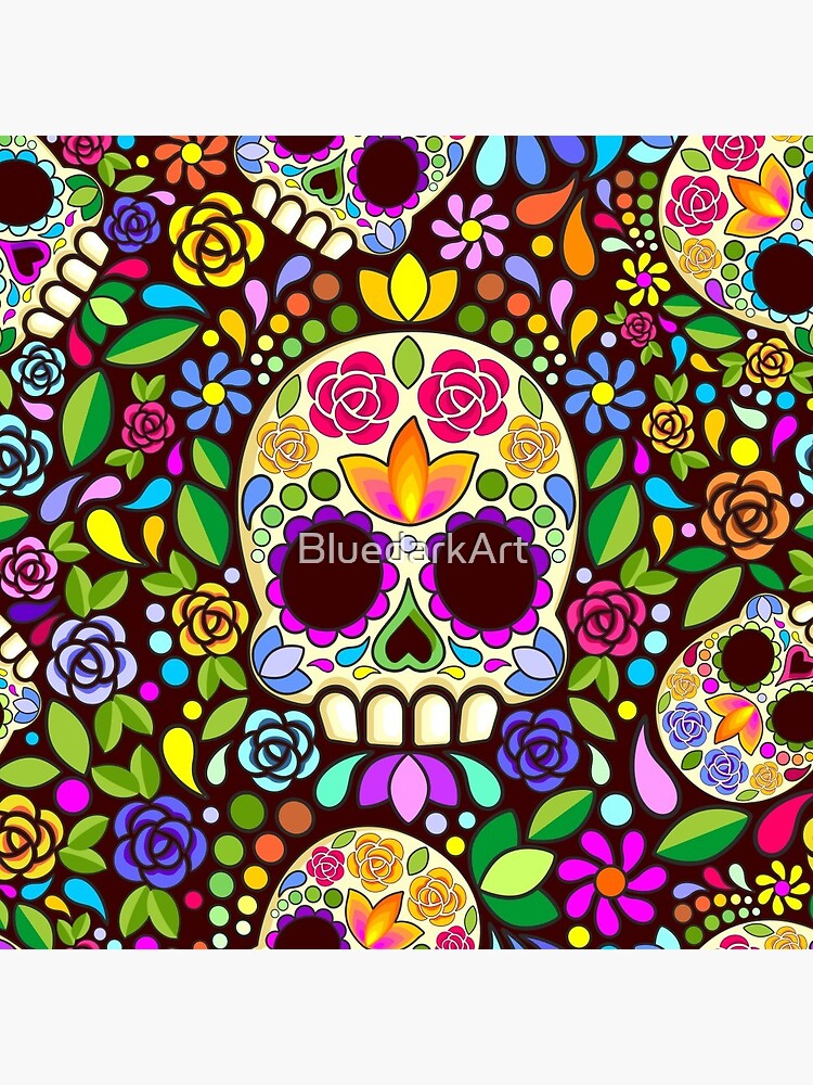 Thumbnail 3 of 3, Pin, Sugar Skull Floral Art Mexican Calaveras Seamless Pattern  designed and sold by BluedarkArt.