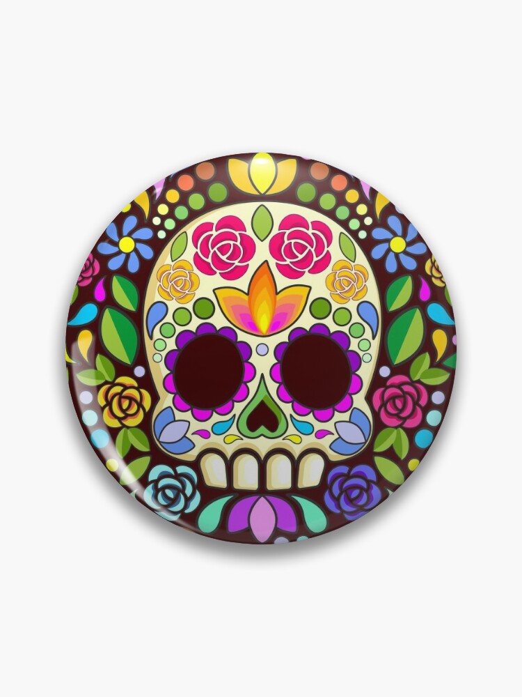 Thumbnail 1 of 3, Pin, Sugar Skull Floral Art Mexican Calaveras Seamless Pattern  designed and sold by BluedarkArt.