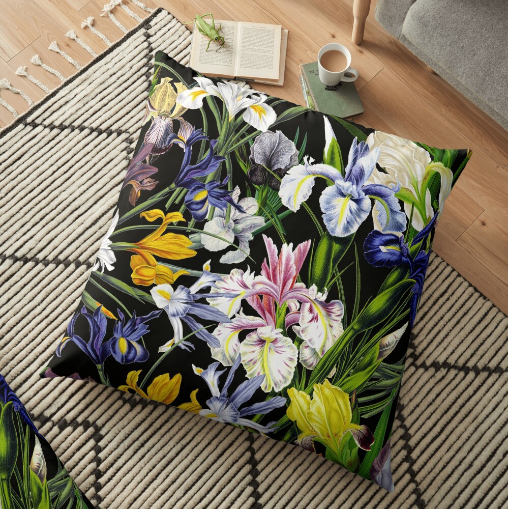 Victorian Iris Flower Pattern on Black Floor Pillow