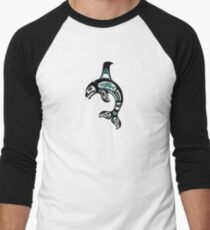 Teal Blue and Black Haida Spirit Killer Whale Baseball Âľ Sleeve T-Shirt