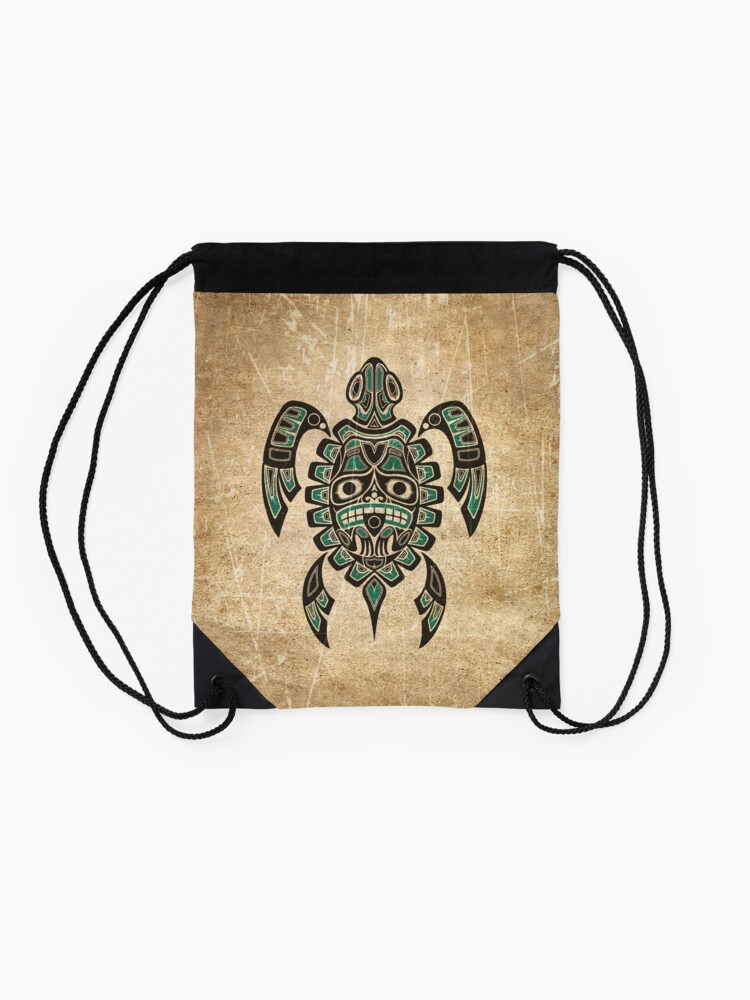 Alternate view of Teal Blue and Black Haida Spirit Sea Turtle Drawstring Bag