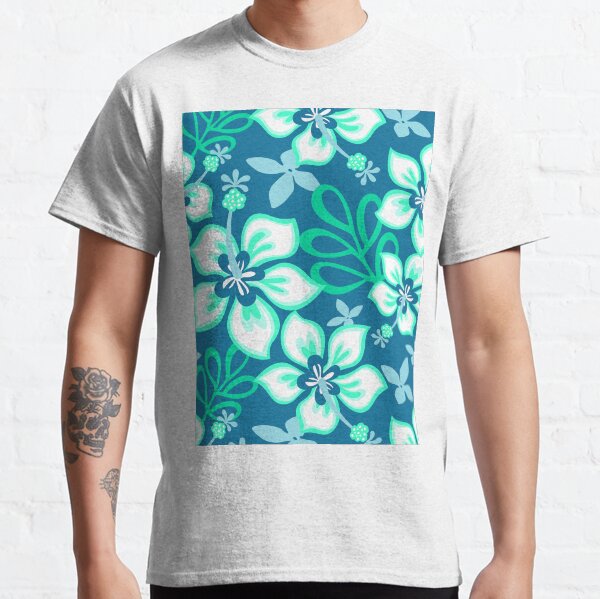 Aqua and White Hawaiian Hibiscus Flower Bloom Pattern on Blue Classic T-Shirt