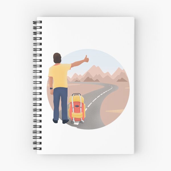 Item preview, Hand drawn digital illustration of man with a backpack goes hitchhiking on landscape with mountains designed and sold by FuzzyLogicKate.