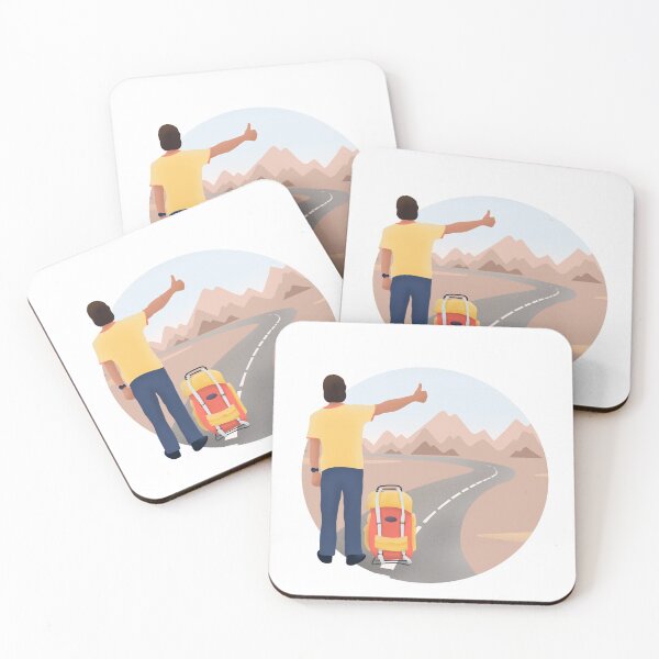 Item preview, Hand drawn digital illustration of man with a backpack goes hitchhiking on landscape with mountains designed and sold by FuzzyLogicKate.