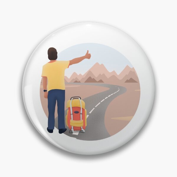 Item preview, Hand drawn digital illustration of man with a backpack goes hitchhiking on landscape with mountains designed and sold by FuzzyLogicKate.
