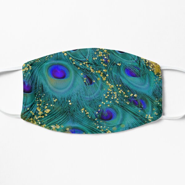 Dreamy peacock feathers, teal and purple, glimmering gold Flat Mask