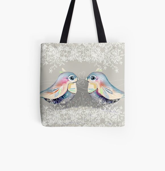 Exotic Silver Lovebirds All Over Print Tote Bag