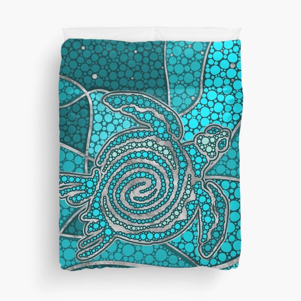 Turtle Aboriginal Dot Art Teal and silver Duvet Cover