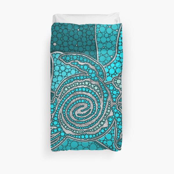 Turtle Aboriginal Dot Art Teal and silver Duvet Cover