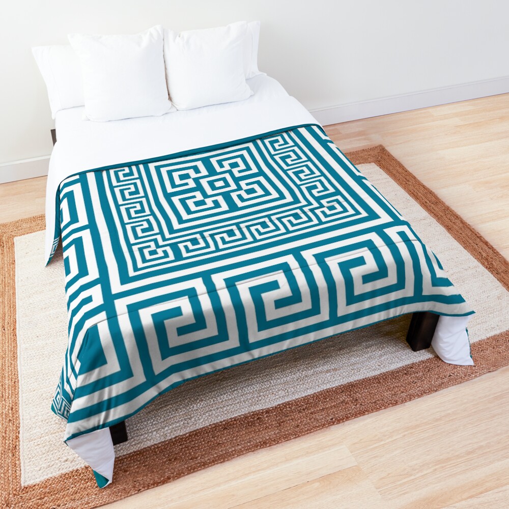 "Greek Key Ornament White on teal" Comforter by k9printart Redbubble