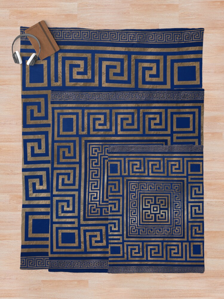"Greek Key Ornament Greek Meander gold on blue" Throw Blanket by