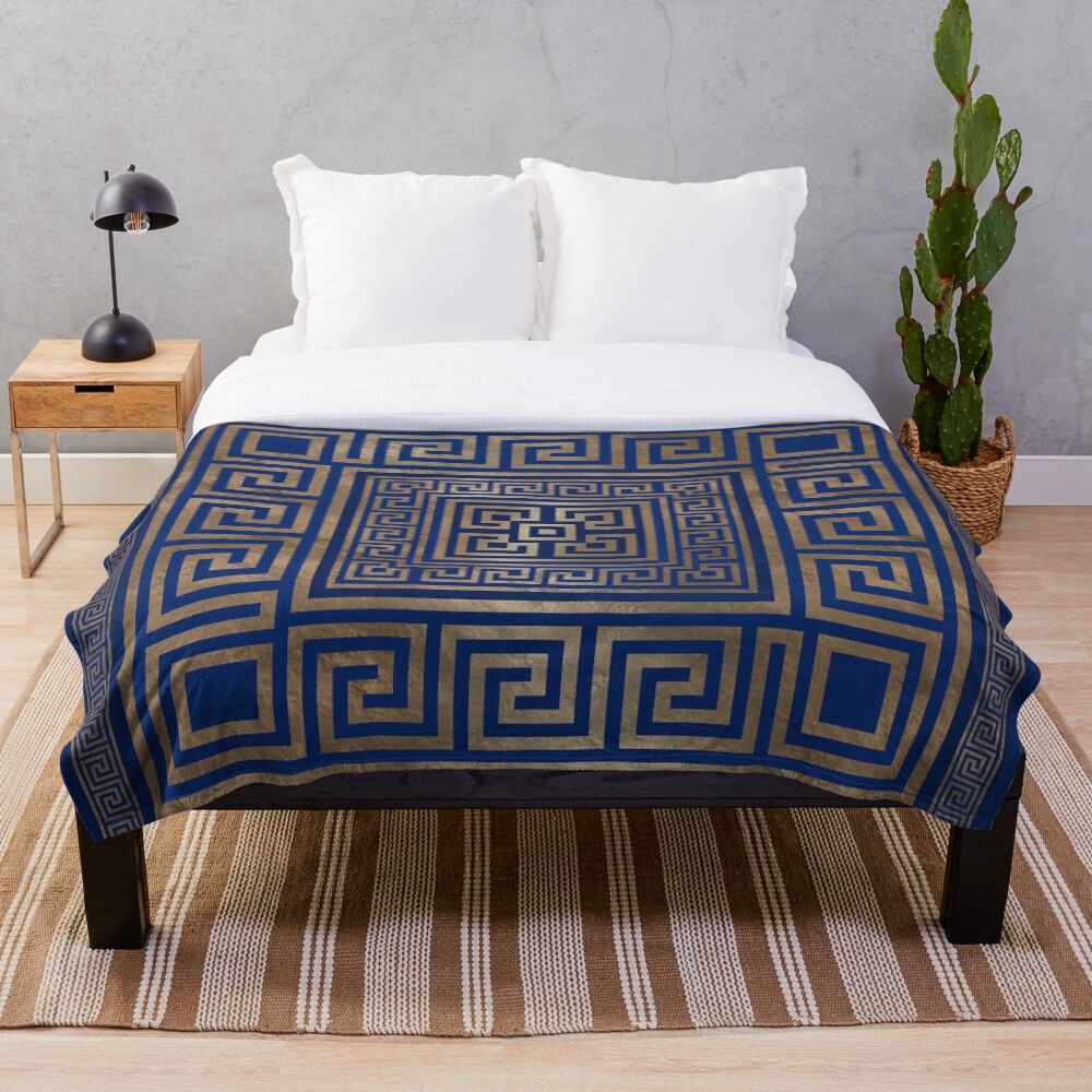 "Greek Key Ornament Greek Meander gold on blue" Throw Blanket by