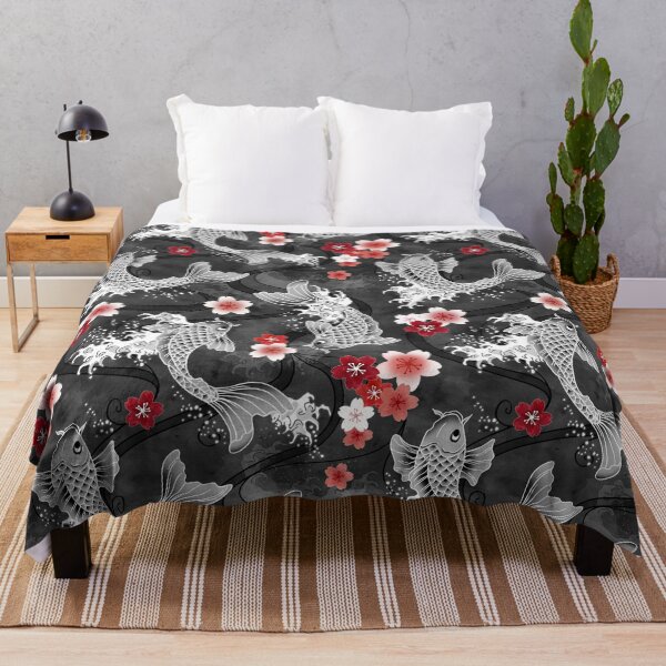 Koi sakura blossom in black Throw Blanket
