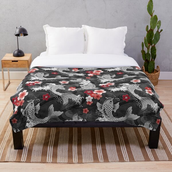 Koi sakura blossom in black Throw Blanket