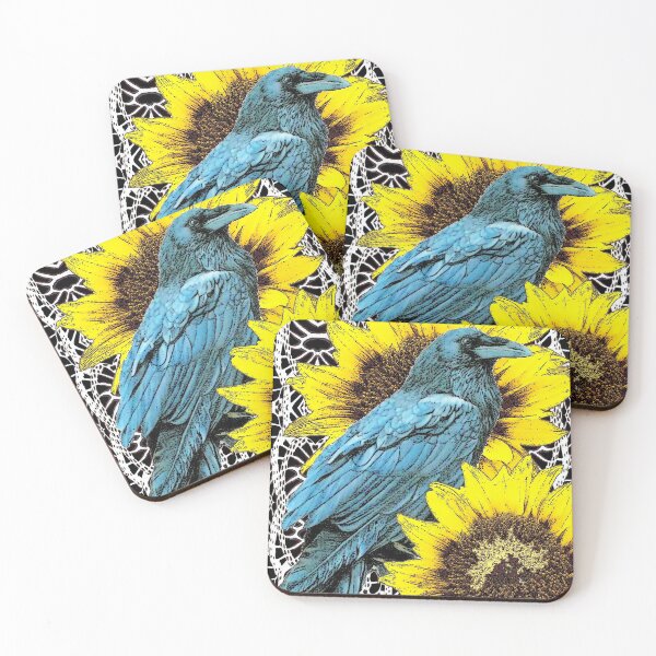Item preview, BLUE CROW & SUNFLOWERS NATURE DRAWING designed and sold by sharlesart.