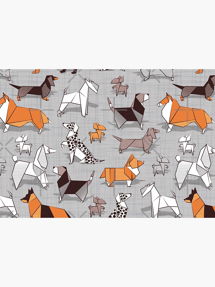 Origami doggie friends // grey linen texture background by SelmaCardoso