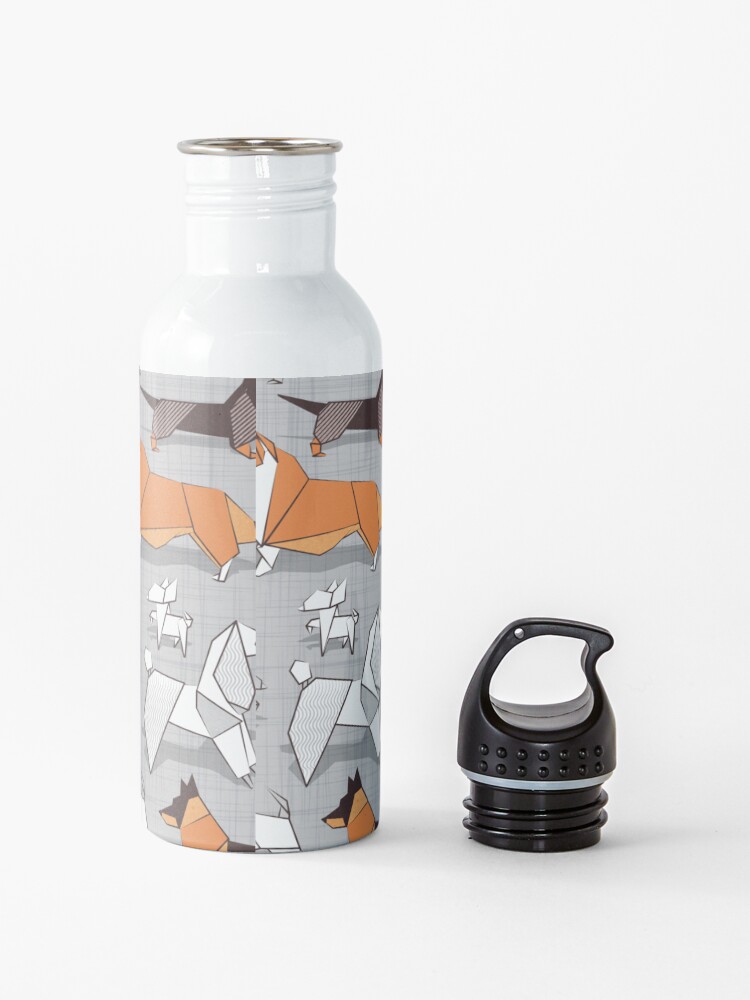 Alternate view of Origami doggie friends // grey linen texture background Water Bottle