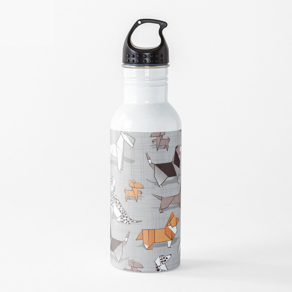 Origami doggie friends // grey linen texture background Water Bottle