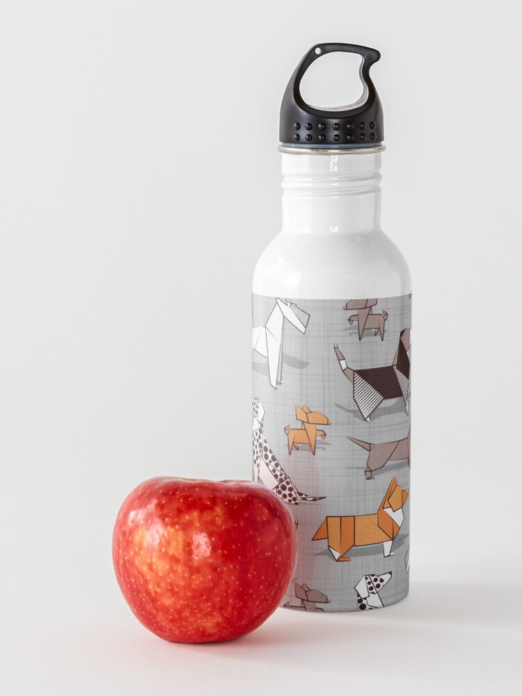 Alternate view of Origami doggie friends // grey linen texture background Water Bottle