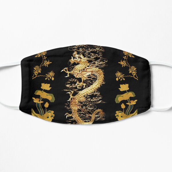 GOLD DRAGON IN BLACK,Egret,Lotus,Green Gold  Floral Flat Mask