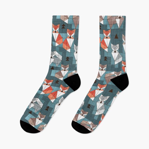 Item preview, Blocked geometric foxes // teal background white grey orange and brown foxy animals designed and sold by SelmaCardoso.