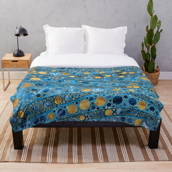 Dot Art Waves - Blue Gemstone and Gold Throw Blanket
