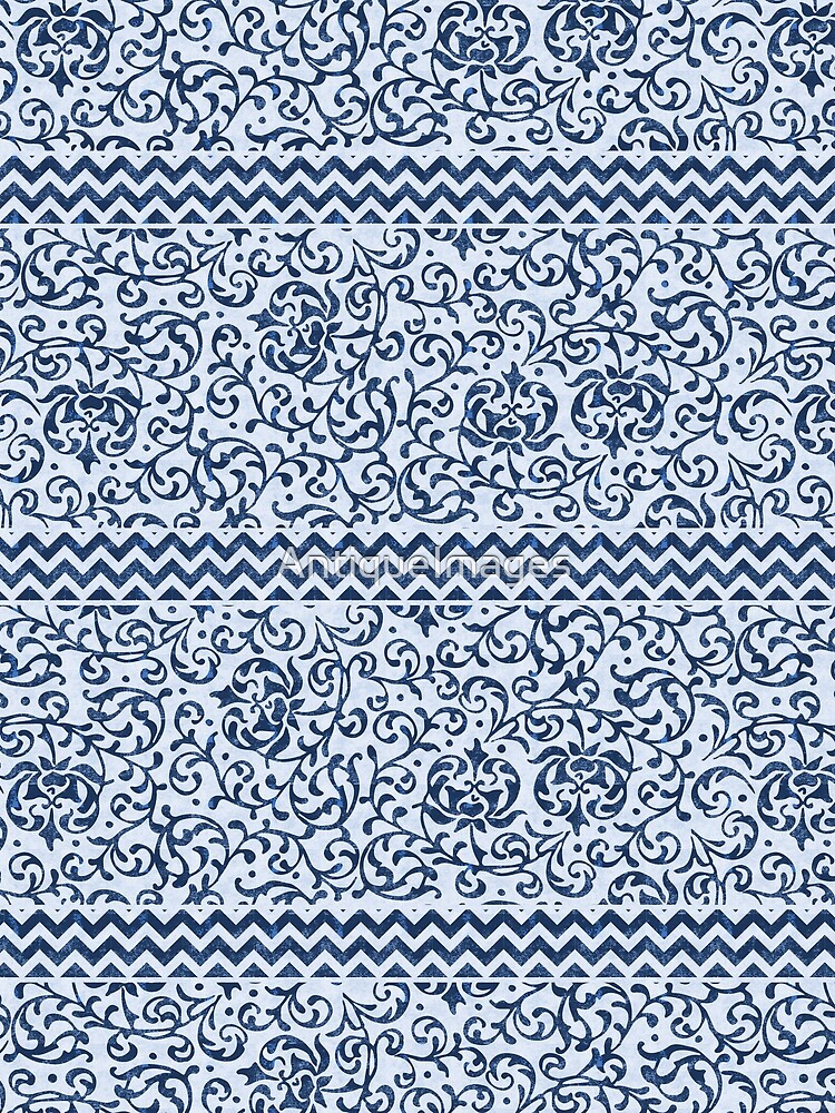 Damask Chevron Blue and White by AntiqueImages