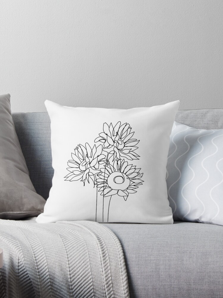 sunflower line drawing. sunflowers line art. Flower bouquet Throw Pillow  for Sale by OneLinePrint