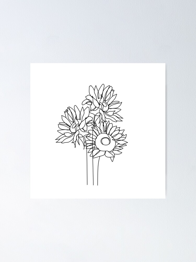 Sunflower Line Drawing Sunflowers Line Art Flower Bouquet Poster By Onelineprint Redbubble