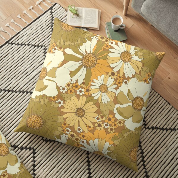 Brown, Orange, Ivory & Green Vintage Flower Pattern Floor Pillow