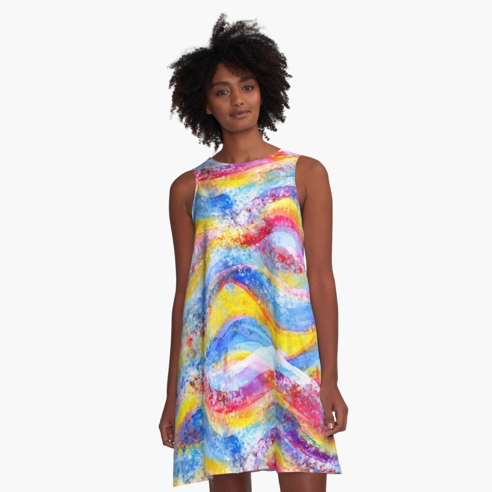 Rainbow waves watercolor A-Line Dress