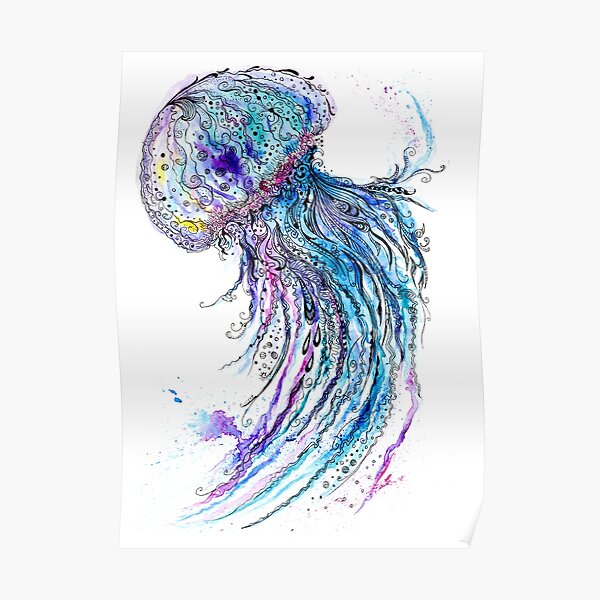 Jelly fish watercolor and ink painting Poster