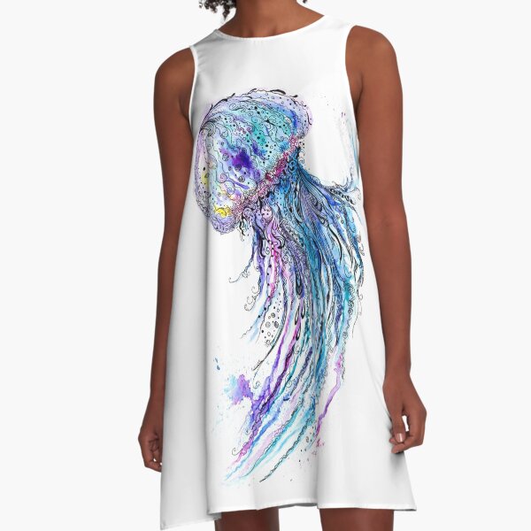 Jelly fish watercolor and ink painting A-Line Dress
