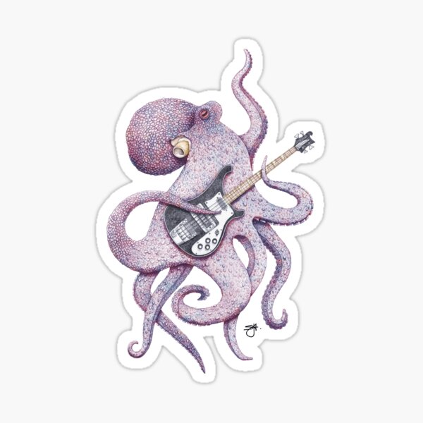 SUP - the bass playing Octopus (purple on black) Sticker