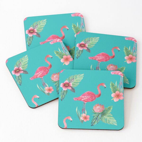 Item preview, Pink Flamingo watercolor tropical flower garden on teal, painted in watercolor designed and sold by MagentaRose.
