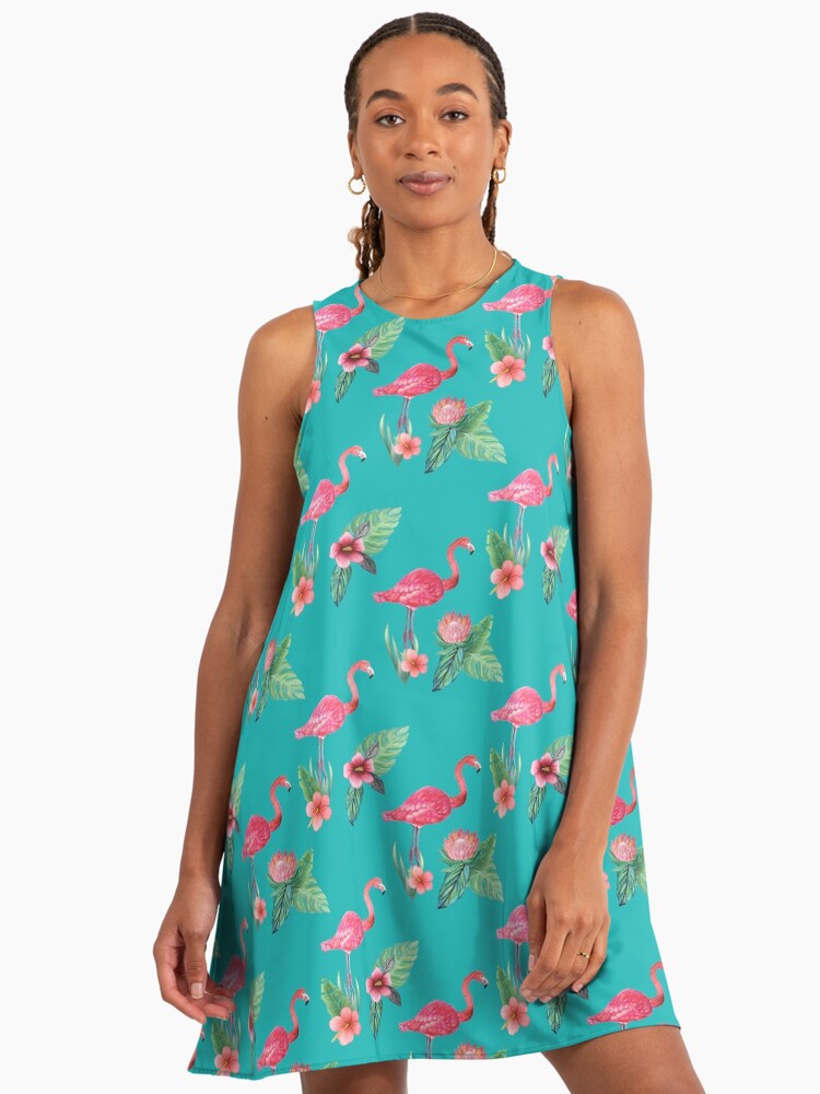 Pink Flamingo Watercolor Tropical Flower Garden On Teal, Painted In Watercolor Flamingo A-Line Dress