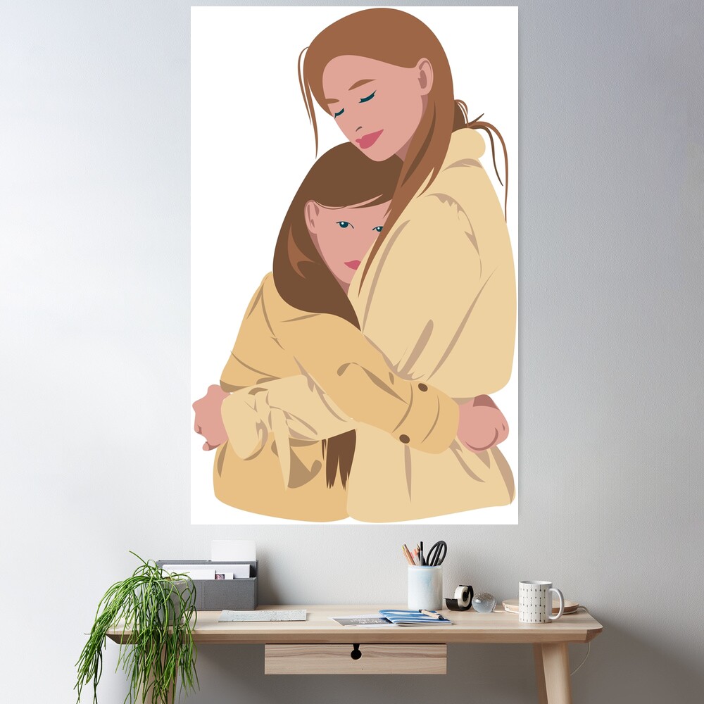 Drawing of mother and daughter hugging each other with love.