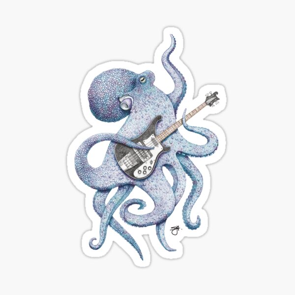 SUP - the bass playing Octopus (blue on blue) Sticker